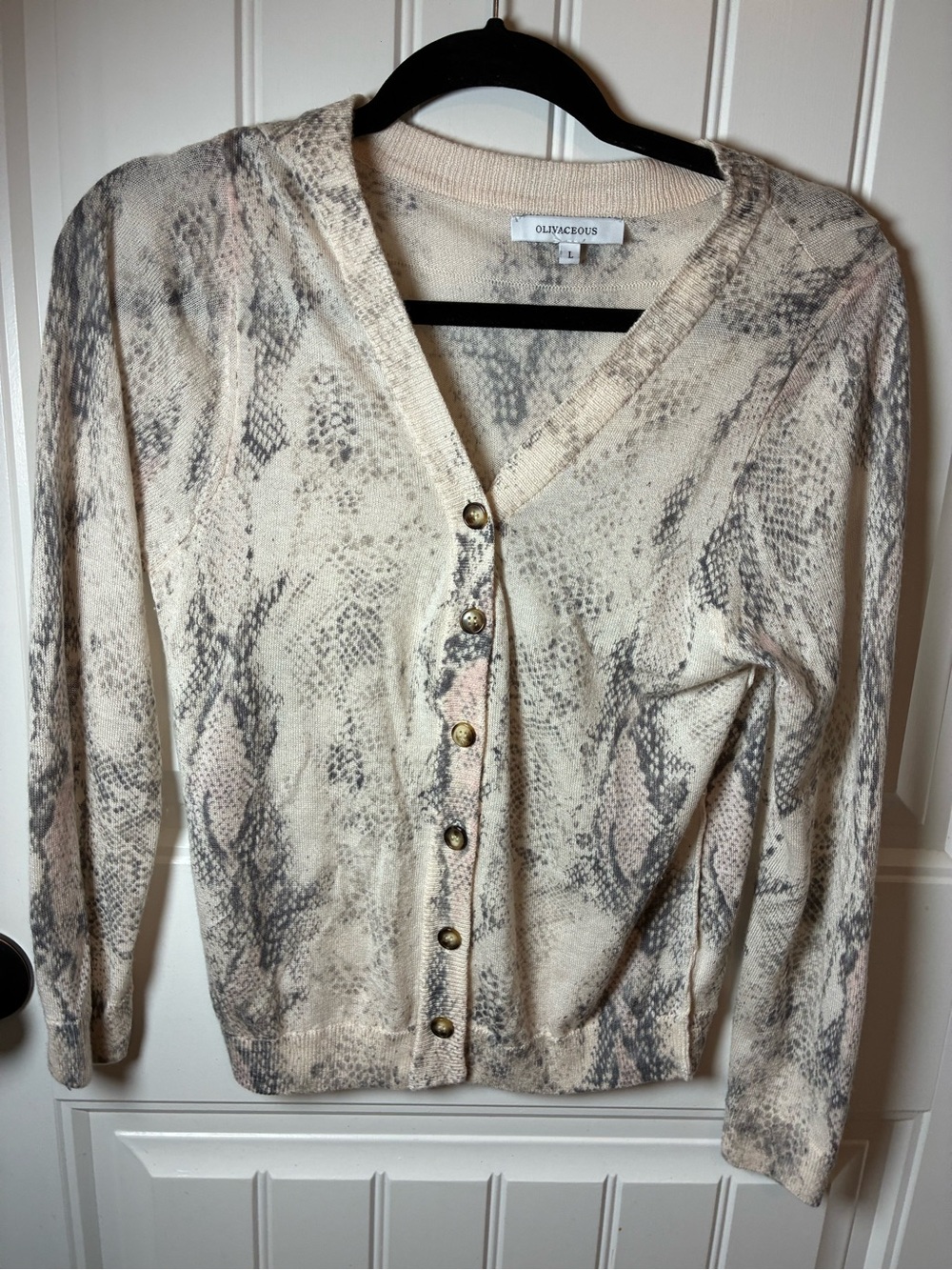 Olivaceous Cream and Gray Snake-Print V-Neck Cardigan L